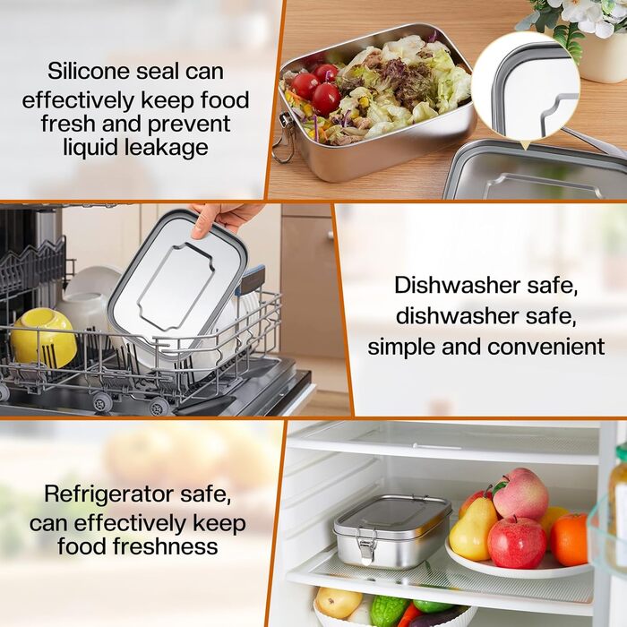 Ланчбокс з нержавіючої сталі 1200 мл - металевий контейнер для їжі з двома відділеннями та силіконовою прокладкою, герметичний, без BPA - для дорослих та дітей