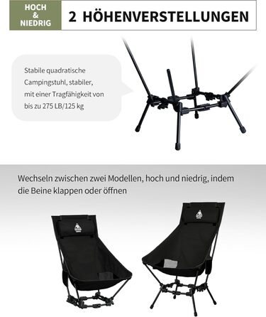 Крісло для кемпінгу OneTigris DRAGONHIDE, висока спинка, складне, вантажопідйомність 125 кг, легке складне кемпінгове крісло, складне рибальське крісло з 2 боковими кишенями, надлегке складне крісло для використання на свіжому повітрі, для походів, чорне