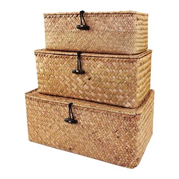 Плетений кошик для зберігання з ротанга, кошик з ротанга з кришкою, коробка для зберігання з кришкою, натуральна морська трава, кошики для білизни, органайзер для косметики для ванної кімнати, вітальні, кухні (малий середній великий)