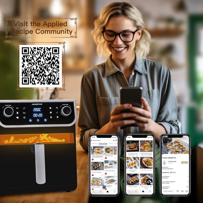 Фритюрниця 8 л з оглядовим вікном, 12 програм, цифровий світлодіодний сенсорний екран, фритюрниця з гарячим повітрям із книгою рецептів, без олії, можна мити в посудомийній машині, срібло без BPA 1700 Вт 8 л