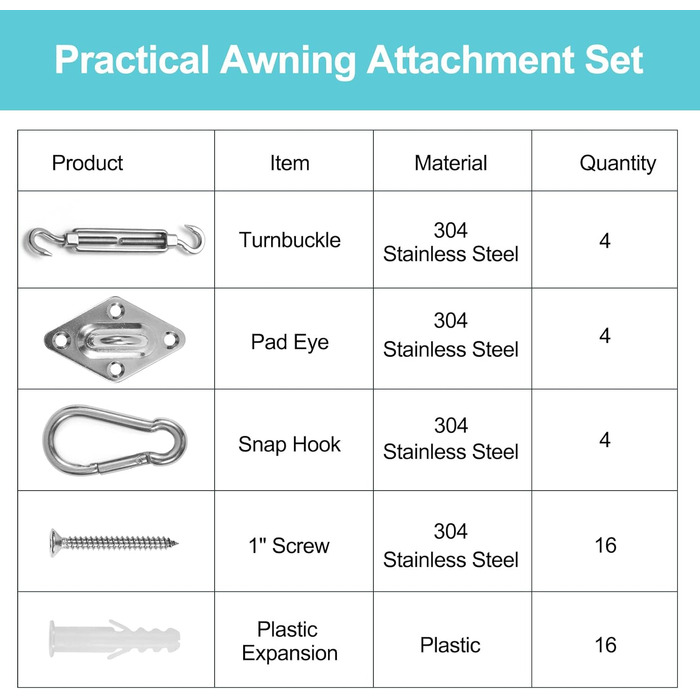 Комплект кріплення сонцезахисного вітрила HOMPER M6, Комплект кріплення аксесуарів для сонцезахисних вітрил квадратних та трикутних, нержавіюча сталь (12 предметів для квадратних 16 гвинтів) M6-444