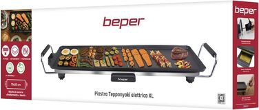 Електричний гриль-теппаньякі BEPER P101BBQ070 XL (70 x 23 см), антипригарне покриття, регульований термостат, термостійкі ручки, піддон для жиру та знімний кабель, 2000 Вт, без BPA та PFOA