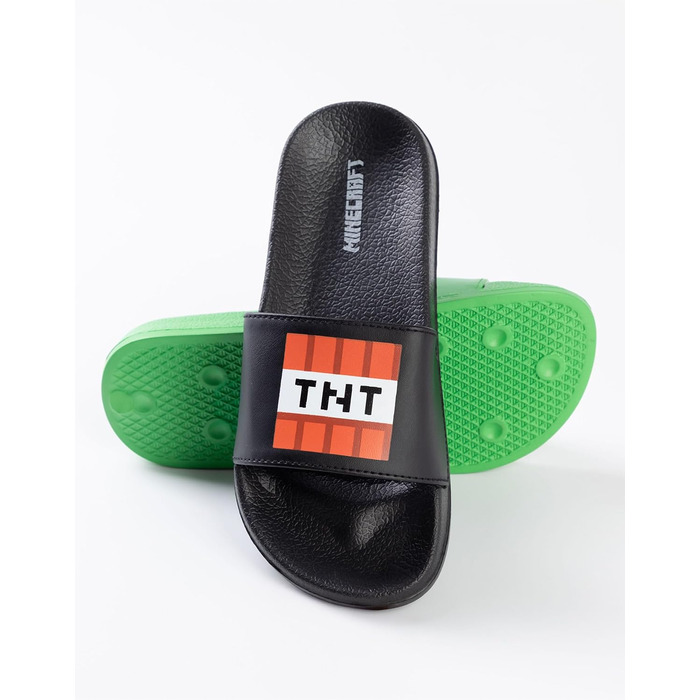 Слайдери Minecraft Creeper та TNT зеленого та чорного кольорів Повсякденне взуття для хлопчиків Набір із 2 слайдерів з обличчям Кріпера та ігровим елементом TNT, мерч, 31 EU