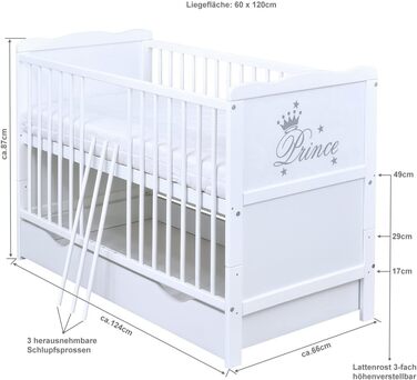 Дитяче ліжечко 60x120, розкладне дитяче ліжко, юніорське ліжко Prince White з шухлядою та матрацом