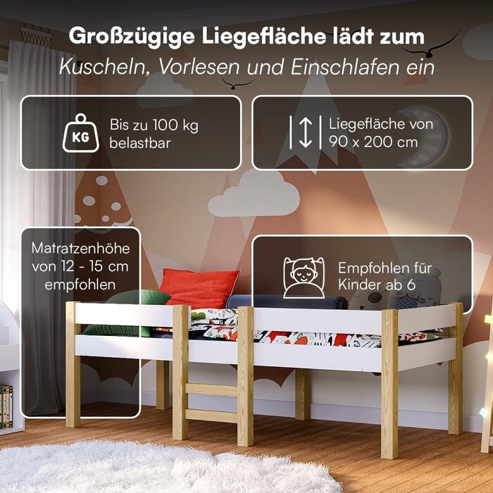 Дитяче ліжко Bellabino Aspy 90x200 см Двоярусне ліжко з поручнями та рейковою основою Ліжко середнього класу з драбиною з масиву сосни білого/натурального кольору Дитяче ліжко для хлопчиків та дівчаток без матраца білого кольору - Без шухляд