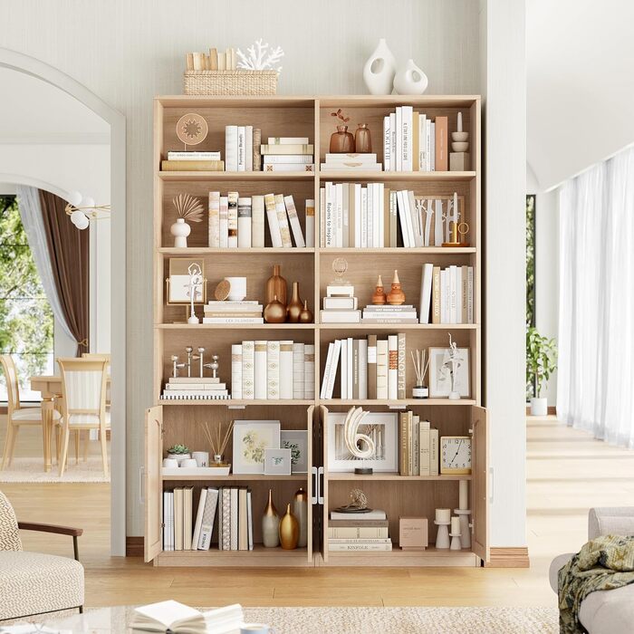 Книжкова шафа FirFurd 185,5 см з дверцятами, 12 полиць, вітрина, полиця, висока шафа для вітальні, офісу, кухні, 115 x 27 x 185,5 см, дуб