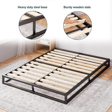 Каркас ліжка Zinus Joseph 140x200 см - Металеве ліжко 140x200 з дерев&39яною рейковою основою - Низький дизайн 15 см - Компактне пакування та легке складання - Чорний колір 140x200 см, висота 15 см