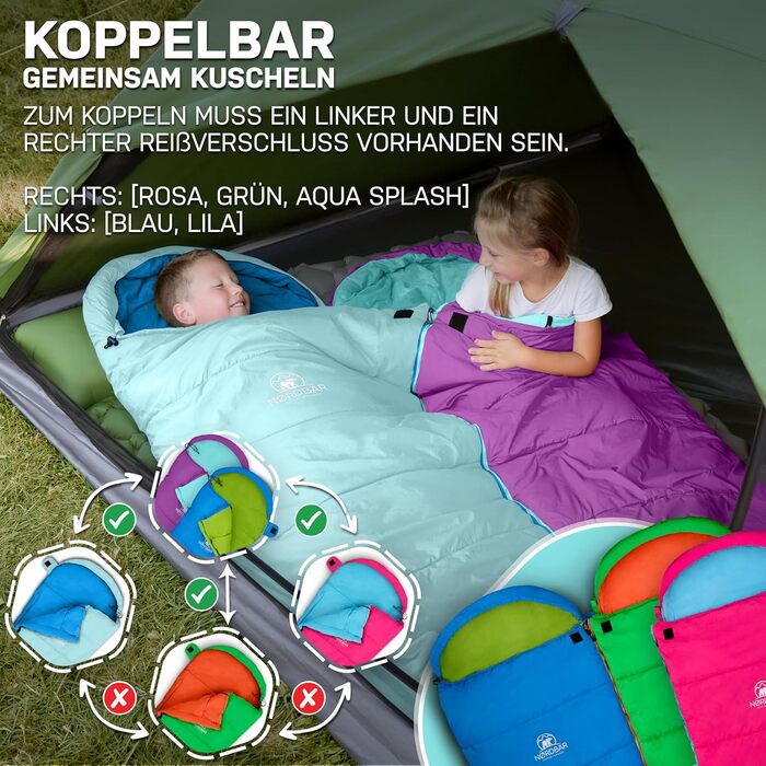 Дитячий спальний мішок для хлопчиків та дівчаток зростом до 145 см Підкладка 100 бавовна Легкий та теплий спальний мішок для мам Дитячий спальний мішок для активного відпочинку 1200 г Дитячі спальні мішки для кемпінгу, фіолетовий/бірюзовий