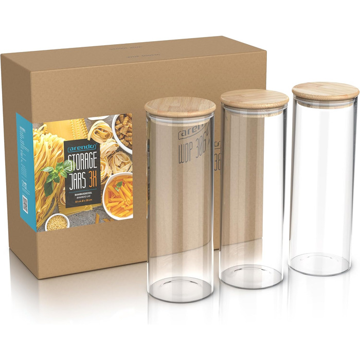 Банки для зберігання з кришками, 2 літри - Набір з 3 шт. - 10 x 28 см / - Скляні контейнери - Термостійкі - Банки для зберігання з дерев&39яними кришками - Герметичні - для мюслі, цукру, борошна, спагеті, кави, рису