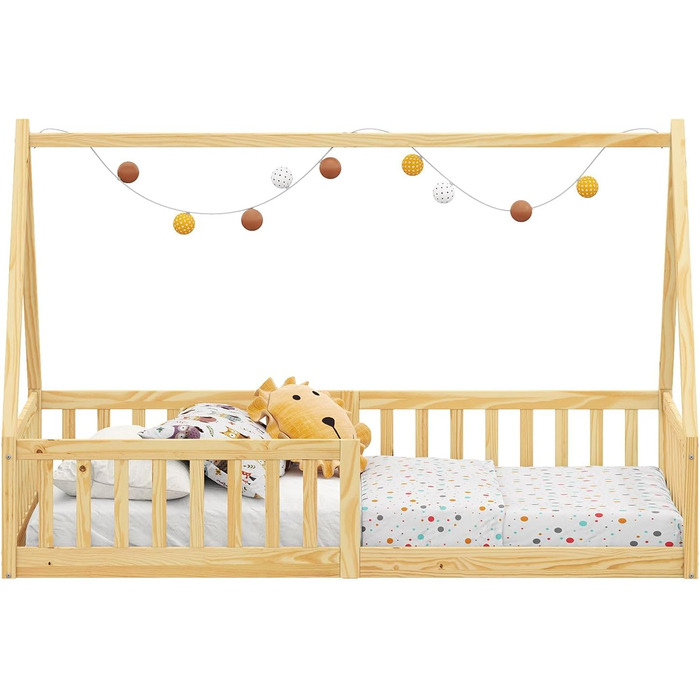 Ліжко IDIMEX Nicolas House 90 x 200 см Natural - Дитяче ліжко від підлоги до стелі, включаючи захист від падіння з обох боків, ліжко Монтессорі з масиву дерева