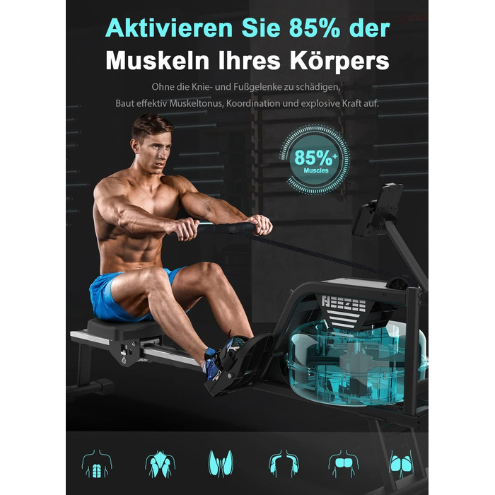 Домашній гребний тренажер Neezee, водний гребний тренажер з професійним Bluetooth-монітором та тримачем для планшета, максимальна вантажопідйомність 150 кг, вертикальне зберігання, транспортні колеса для легкого переміщення, новий монітор