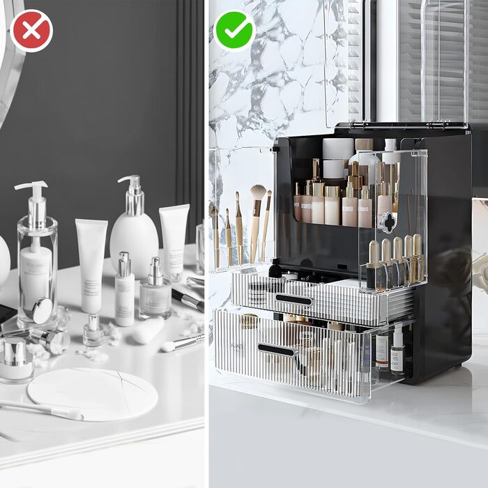 Органайзер для макіяжу, косметичне зберігання з кришками, пилонепроникний косметичний органайзер для макіяжу, косметична скринька високої місткості для спальні, ванної кімнати, чорний 1 1