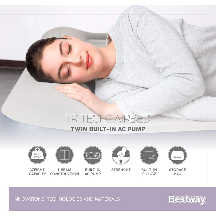 Надувний матрац Bestway Tritech, Vento, 191 x 97 x 46 см, одномісний, із вбудованим електричним насосом