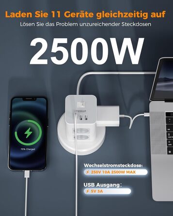 Розетка TESSAN на кілька штепсельних розеток з USB, розетка на 8 відділень з висувним подовжувачем, розетка на кілька штепсельних