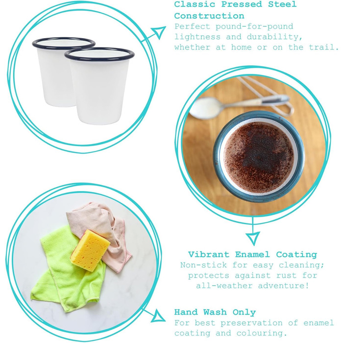 Аргоновий посуд 6 x 300 мл Білі емальовані кружки - Сині - Багаторазові бляшані кружки з нержавіючої сталі для кемпінгу, подорожей, пиття, кави, дитячі склянки