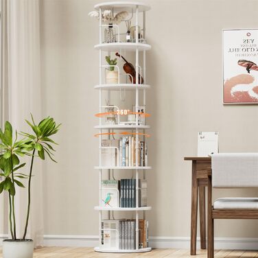 Звичайна книжкова полиця, що обертається на 360, підлогова дерев&39яна книжкова шафа, книжкова полиця з 6 полицями, регульовані полиці, стояча полиця, 4545193 см, білий колір, 6 полиць