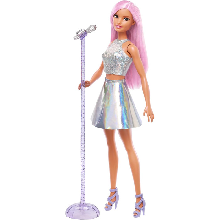 Лялька Barbie Pop Star, одягнена в сліпучу спідницю з мікрофоном і рожевим волоссям, подарунок для дітей від 3 до 7 років, JCW42,