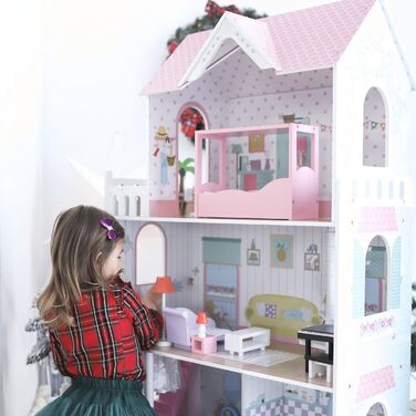 Дерев&39яний ляльковий будиночок 123 см зі світлодіодним підсвічуванням Великий ляльковий будиночок для дітей віком від 3 років з меблями та садом Ляльковий будиночок з підсвічуванням та аксесуарами Креативний ігровий будиночок для дівчаток