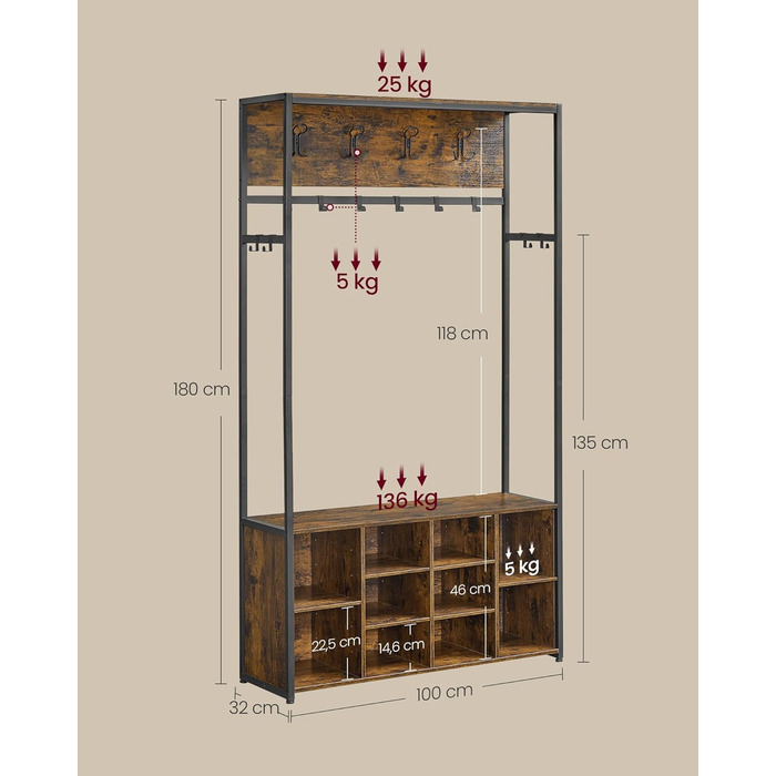 Вішалка для одягу, Шафа, Меблі для передпокою з полицею для взуття, Відкриті відділення, Гачки для одягу, Регульовані полиці, Індустріальний стиль, для передпокою, вхідної зони, Вінтажний коричневий-чорний HSR432K01 Вінтажний коричневий чорнильний