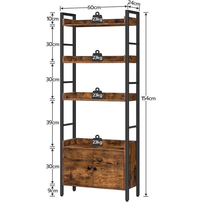 Книжкова полиця HOOBRO, книжкова шафа з дверцятами та полицею, полиця, стояча полиця, полиця для зберігання з 4 рівнями, промисловий дизайн, для вітальні, офісу, кухні, кабінету та коридору EBF46SJ01