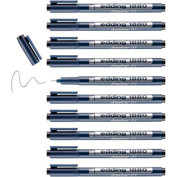 Ручка EDDING 1880 Precision Fine - чорна - 10 ручок - ширина лінії 0,25 мм - Fineliner для точного письма та ескізів - тонкий наконечник з металевою рамкою - підходить для лінійок і трафаретів