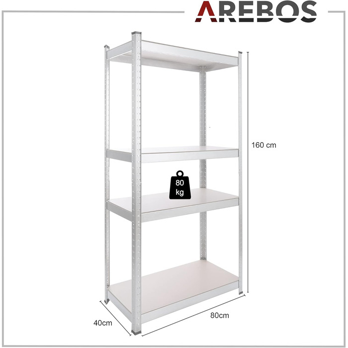 Надміцний стелаж Arebos, комплект з 2 шт. 160x80x40 см Вантажопідйомність 320 кг 4 полиці з МДФ Легке складання за допомогою вставної системи Стелаж, стелаж для зберігання, стелаж для підвалу, вставний стелаж, стелаж для майстерні, оцинкований