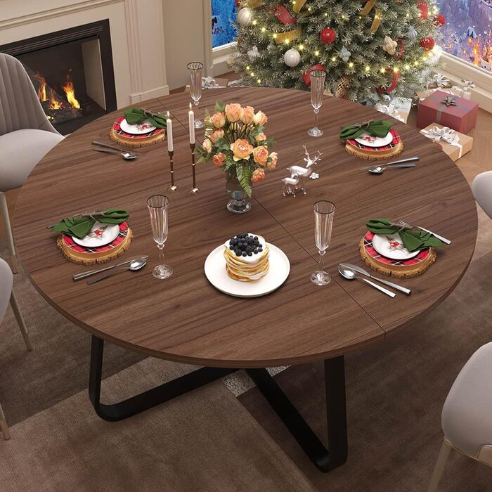 Круглий обідній стіл LVB, сучасні кухонні столи з дерева та металу, невеликий обідній стіл у промисловому стилі для 4-6 осіб, коло, журнальні обідні столи для дому, кухні, вітальні, горіх, 130 см (130 130 75 см)