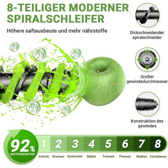 Соковижималка з великим заливним жолобом для цілих фруктів і овочів - Міцна соковижималка для замішування з нержавіючої сталі Green 150W