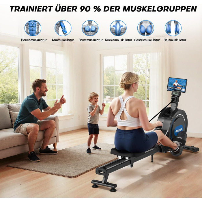 Домашній гребний тренажер DMASUN, новинка 2026 року Магнітний гребний тренажер з оновленими подвійними рейками, ультратихий гребний тренажер, 16/32 рівні опору, РК-дисплей даних, витримує до 160 кг, чорний - 16 рівнів