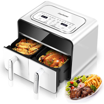 Двокамерна фритюрниця Skyehomo 2100 Вт, цифрова фритюрниця з подвійним кошиком із прозорим вікном, програми 14 в 1 і світлодіодний сенсорний екран, двокамерна фритюрниця без бісфенолу А майже без олії, резерв 24 години