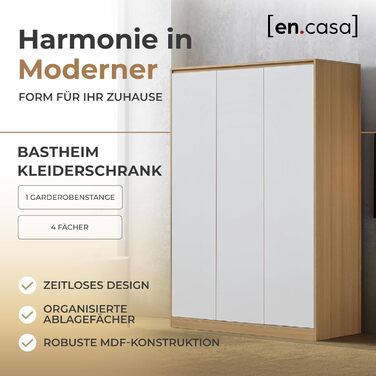 Шафа Bastheim, 3-дверна шафа, 176 x 120 x 52 см, Шафа для спальні з 1 рейкою для одягу та 4 полицями, колір дуба/білий, 176 x 120 x 52 см - 4 полиці