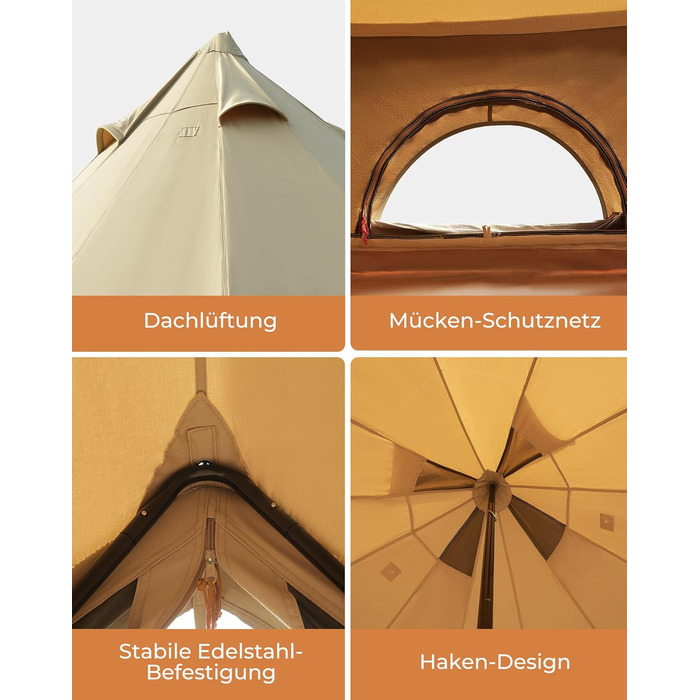 Намет для глемпінгу KingCamp, намет-дзвін для 6-12 осіб, 4-6,7 м, чиста бавовна/TC бавовна, водонепроникний, сімейний намет для відпочинку на природі з ПВХ-підкладкою, фестивальний намет для сімей та кемпінгових груп KHAN 4M T/C 210g Base Camp