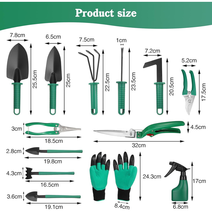 Набір садових інструментів Coolty, 13 предметів, з кейсом для зберігання ідеальний вибір для садівників (Зелений)