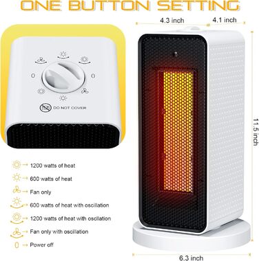 Енергозберігаючий тихий міні-електричний вентилятор-обігрівач Qoosea потужністю 1200 Вт з керамічним нагрівальним елементом, 3 режими, швидке нагрівання 3S, PTC-обігрівач для дому та офісу (білий)