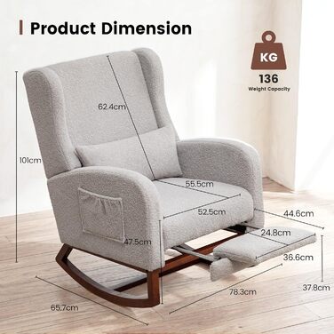 Крісло-гойдалка з підставкою для ніг, крісло-гойдалка, м&39яке крісло для годування з дерев&39яними ніжками та боковими кишенями, крісло для годування з високою спинкою для вітальні, спальні, дитячої кімнати (оксамитовий світло-сірий)