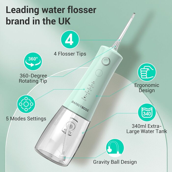 Бездротовий іригатор для порожнини рота, електричний зубний флоссер з 5 режимами тиску, водонепроникний IPX8, портативний пристрій для догляду за яснами, набір для очищення зубів, QR-7101 (Пастельно-зелений)