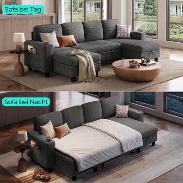Розкладний диван LINSY HOME, кутовий диван з функцією сну, місцем для зберігання речей, вельветова оббивка, L-подібні модульні дивани з шезлонгом для віталень та квартир (темно-сірий, U-подібний) Темно-сірий U-подібний