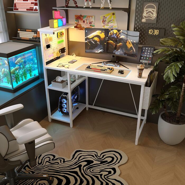 Ігровий стіл 100 x 50 см з перфорованою дошкою, розеткою, невеликим комп&39ютерним столом з двосторонніми полицями та сумкою для зберігання для домашнього офісу, білий 100 x 50 см