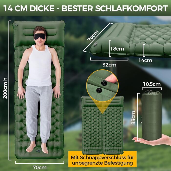Килимок для сну NAPASA, потовщений надувний матрац 14 см із вбудованим насосом для ніг та подушкою, водонепроникний, килимок для сну з анти-ріпстопом для походів, пляжу, подорожей, намету (зелений) 2 шт., латково-синій
