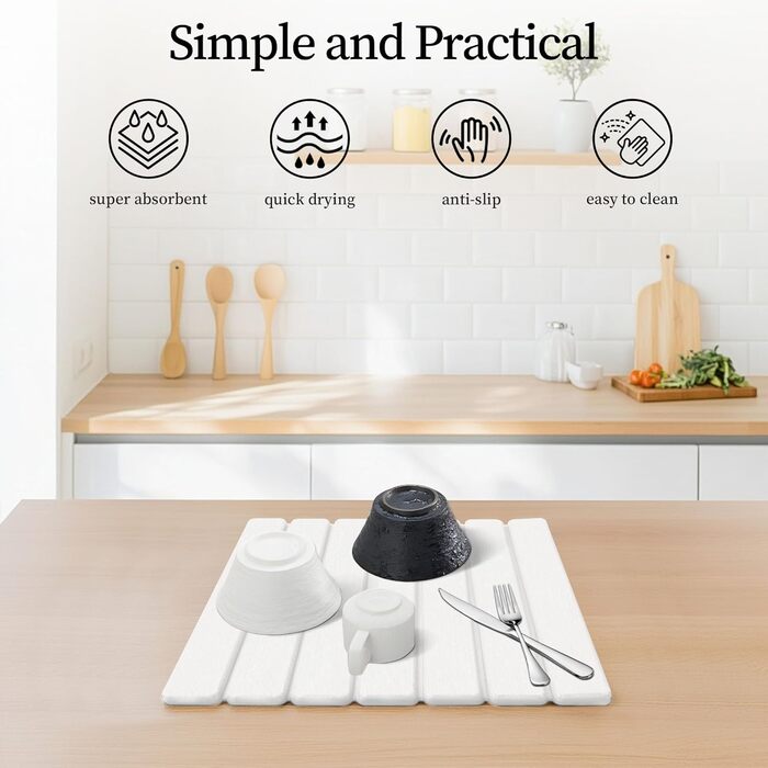 Килимок для сушки посуду THMINS з каменю, 30x40 см, складний діатомовий килимок для сушіння кухні, водопоглинаючий та швидковисихаючий, нековзний, термостійкий килимок для сушки посуду для раковини/чашок/столових приборів, білий 30 x 40 см, білий