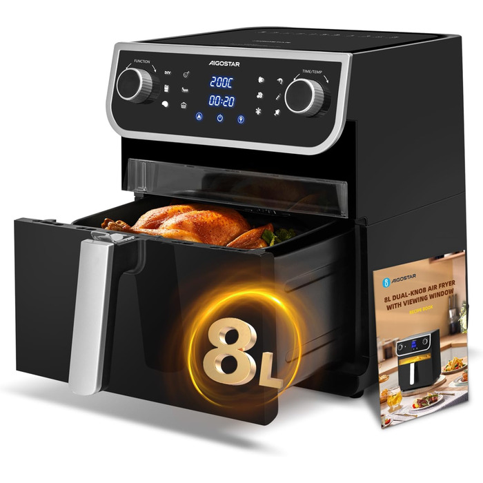 Фритюрниця 8 л з оглядовим вікном, 12 програм, цифровий світлодіодний сенсорний екран, фритюрниця з гарячим повітрям із книгою рецептів, без олії, можна мити в посудомийній машині, срібло без BPA 1700 Вт 8 л