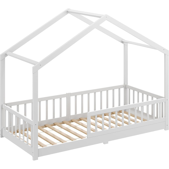 Дитяче ліжко CADANI Malte 90x200 см Ліжко-будиночок зі знімними захисними поручнями, вантажопідйомність до 200 кг, висувна рейкова основа, підлогове ліжко Монтессорі з масиву сосни, біле 90x200 см