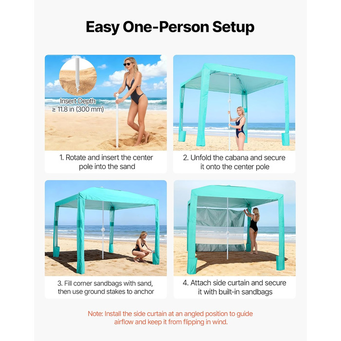Пляжний намет VEVOR, 2,4 x 2,4 м з бічною стінкою, захист від сонця UPF 50, пляжний павільйон з мішками з піском, регульована по висоті портативна сонцезахисна навіс для родини та друзів, зелений