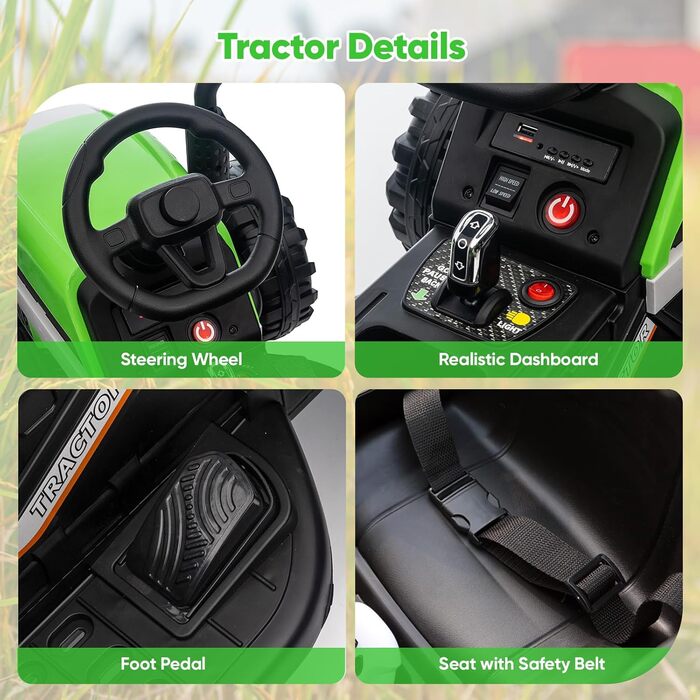 Дитячий електричний трактор, 12В 3-швидкісний трактор зі знімним причепом та пультом дистанційного керування 2.4G, дитячий електро