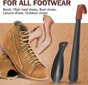 Металевий ріжок для взуття ZOMAKE Набір з 2 - 42 см чорний довгий ріжок для взуття з нержавіючої сталі зі шкіряним ремінцем, 19 см