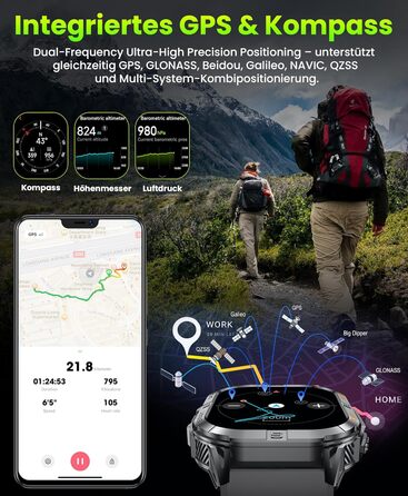 Розумний годинник для чоловіків, 2,13-дюймовий AMOLED чоловічий військовий розумний годинник, світлодіодний ліхтарик, компас, понад 100 спортивних режимів, фітнес-годинник, акумулятор 580 мАг, Bluetooth-дзвінки для iOS та Android (чорний)