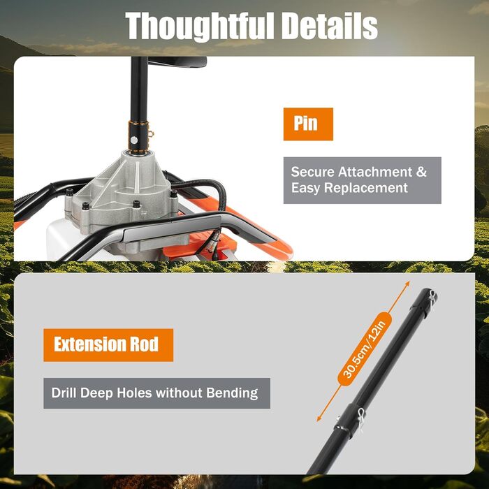 Бензиновий земляний бур 71CC, 2.3 кВт з набором з 3 свердел, подовжувачем та інструментом, садковий бур для посадки дерев, будівництва огорож та садових робіт, 300 об/хв