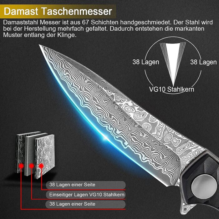 Кишеньковий ніж з дамаської сталі AUBEY з кліпсою, гострий дамаський ніж складний з лезом з дамаської сталі, фліпером, алюмінієвою