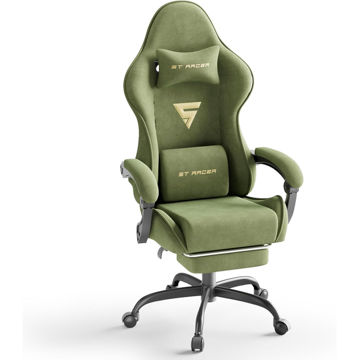 Ігрове крісло, Дихаюче та ергономічне офісне крісло з мікрофібри велюру, Комп&39ютерне крісло з регульованим підголівником та поперековою подушкою, підлокітниками, підставкою для ніг (зелене) Зелений LW200