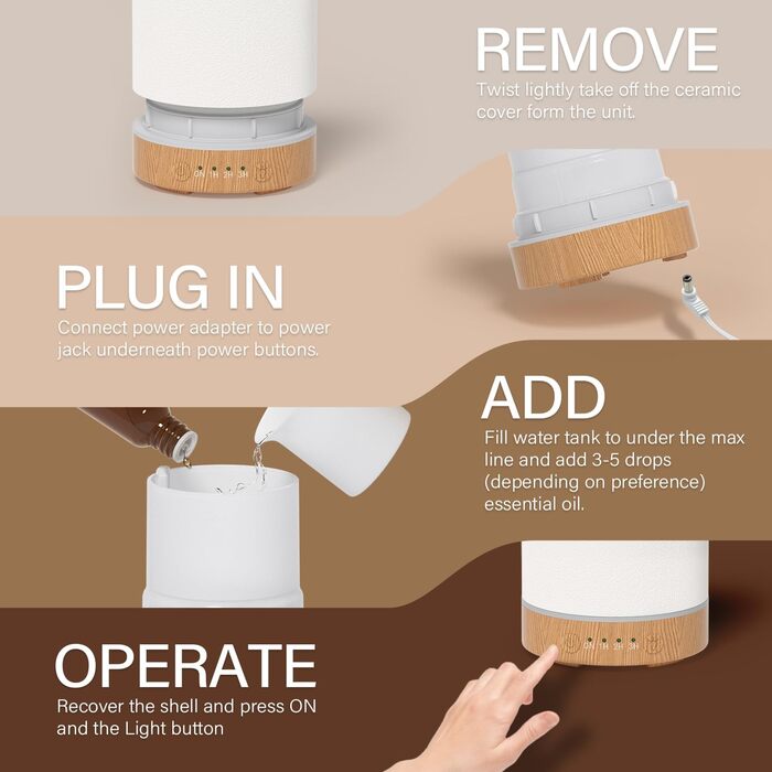 Керамічний ароматичний дифузор SALUBRITO, білий дифузор для ефірних олій, ультразвуковий зволожувач ароматичних олій, ароматерапевтичний дифузор для ароматичних олій, без BPA, подарунок для жінок